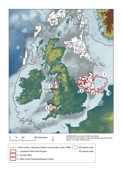 Figure 4: Extent of Doggerland project and others around Britain and Ireland, highlighting the potential for future work in Scottish waters and the data available (Fitch et al 2011), image reproduced courtesy of the North Sea Palaeolandscapes Project. 