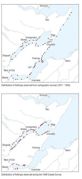Figure 14: Fish-traps in the Inner Moray Firth demonstrate the different results from cartographic survey compared with coastal fieldwork. A combination of desk-based and fieldwork can produce results that form the empirical basis for further applied research, ©RCAHMS.