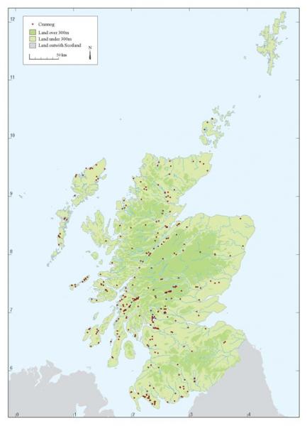 Figure 21: The dots on the map represent crannog sites. The concentrations of crannogs in Lochs Awe and Tay are an artefact of surveys. Whether or not this distribution is truly representative of our past occupation of lacustrine environments remains to be seen, ©RCAHMS. 