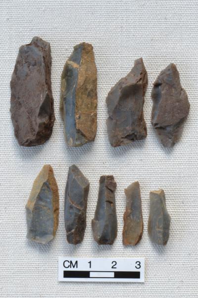 Photograph of an assortment of chert blades ranging in size from three centimetres to six centimetres