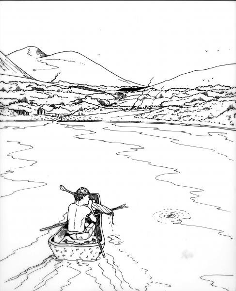 A reconstruction drawing showing a person on the water in a log boat with a settlement near the shore and hills in the background 