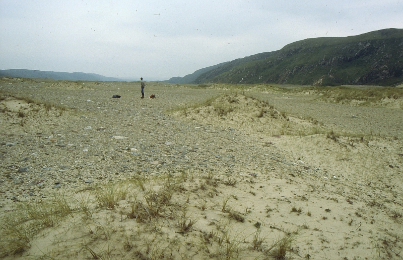 A landscape photograph showing a person standing in an expanse of sand dunes