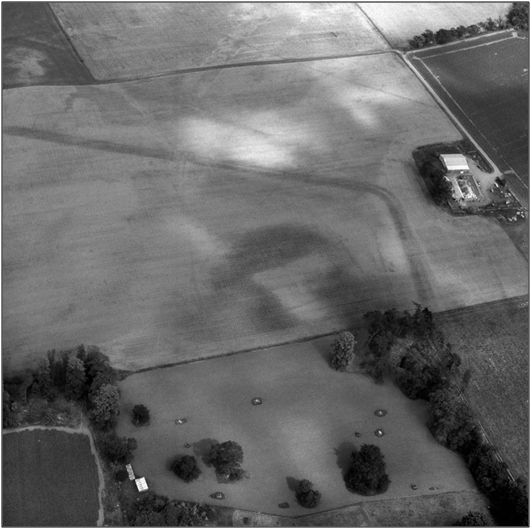 A black and white oblique aerial photograph of arable fields showing the rounded corner of a large linear cropmark with an L-shaped cropmark in the interior