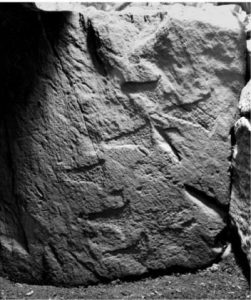 A photograph of an upright slab with multiple axe head carvings