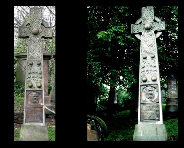 Two colour photos of a large cross memorial stone in a graveyard, taken from two different angles