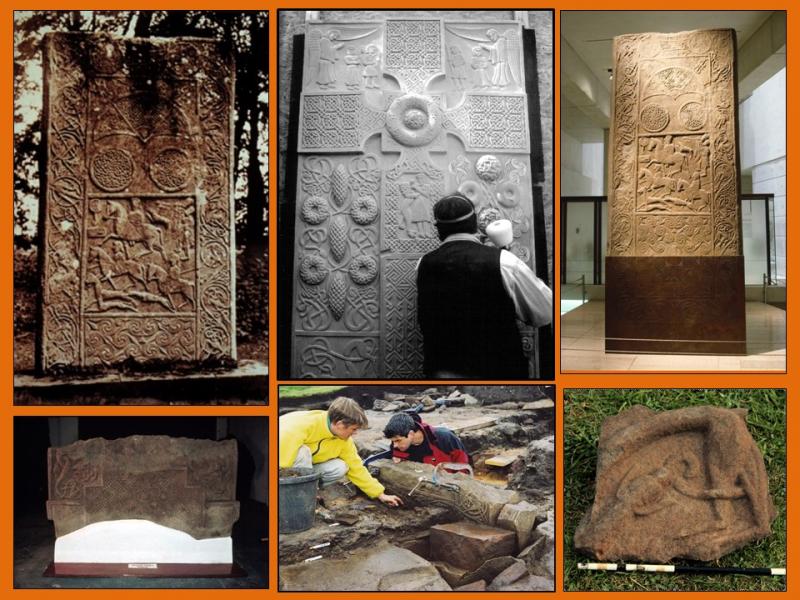 A photo montage of the Cadboll cross stone being excavated, being displayed outside,  a replica being made and on display in a museum