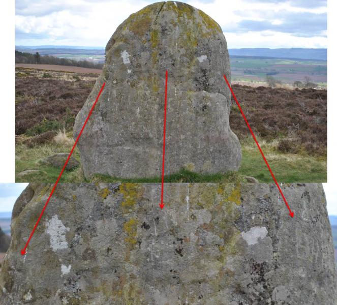 A colour photo of a weathered stone on a hillside. Red arrows point to close up images of carvings on the stone