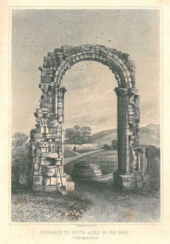 An engraving of a ruined stone archway in a countryside landscape