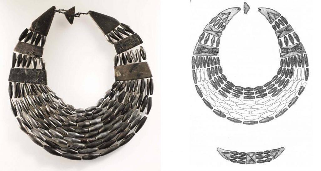 A composite image showing a photograph of a necklace comprising ten strands of toggle shaped beads leading to rectangular spacer plates at each side and narrowing to triangular shaped beads at the fastener on the left and an illustration of a similar example with linear decorations on the spacer plates to the right 