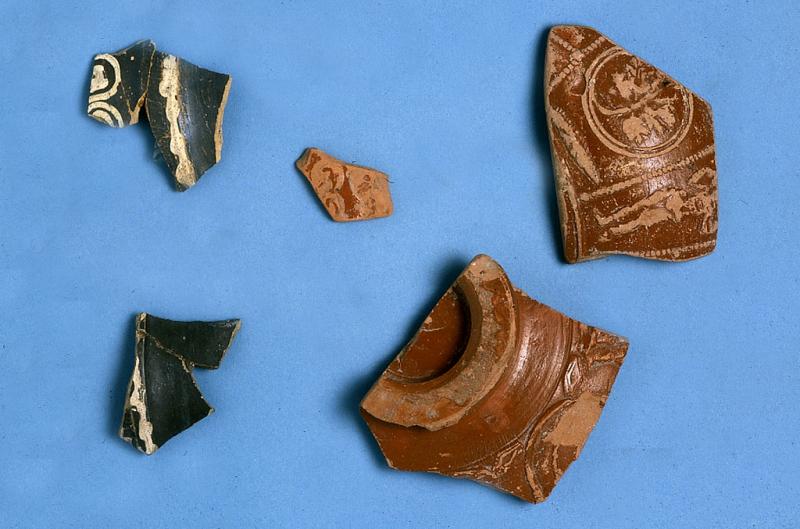 A photograph of 5 sherds of Roman pottery including orange samian ware and fragments of a black vessel with a white decoration