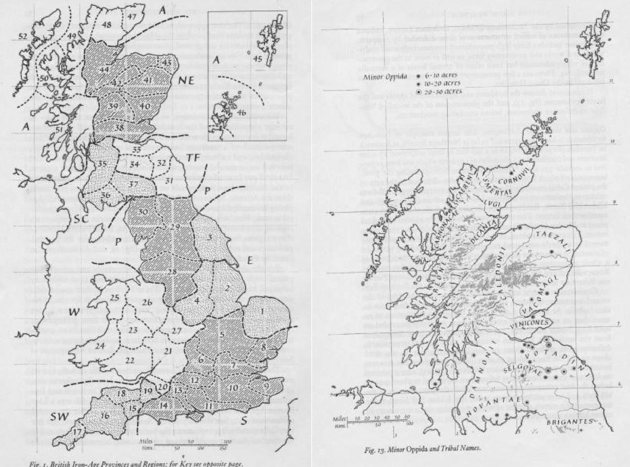 A composite image showing two maps. The map on the left shows Britain as 52 numbered regions and the map on the right shows Scotland with areas labelled with tribal names