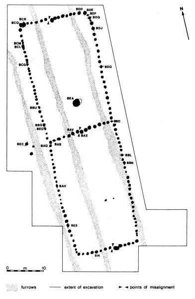 A ground plan of a rectangular timber post built structure approximately 70 metres long by 20 metres wide with a central partition