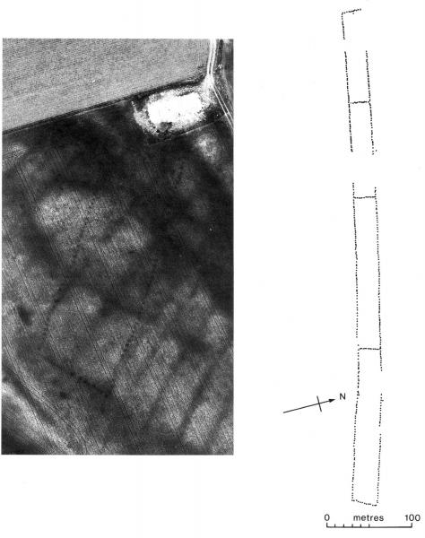 An aerial photograph showing two parallel lines of post holes in a field and a plan drawing of a linear post built monument approximately 500 metres long and 40 metres wide