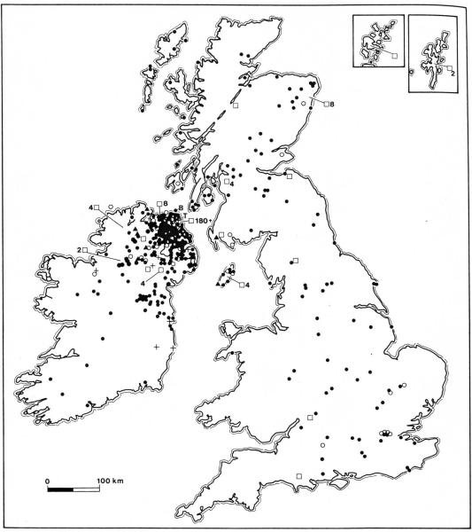 A simple outline of Britain and Ireland showing the distribution of Antrim axeheads showing a clear concentration in the north east of Northern Ireland and a sparse scatter across the rest of Britain and Ireland
