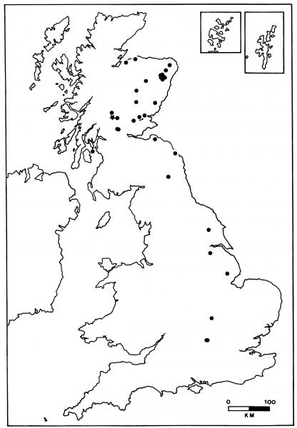 A simple outline map of Britain showing the distribution of axeheads with a concentration in the north east of Scotland and a scatter down the eastern side of England