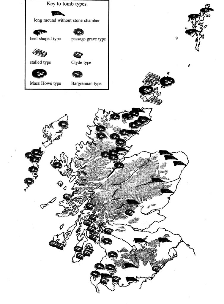 A map of Scotland showing the distribution of different tomb types 