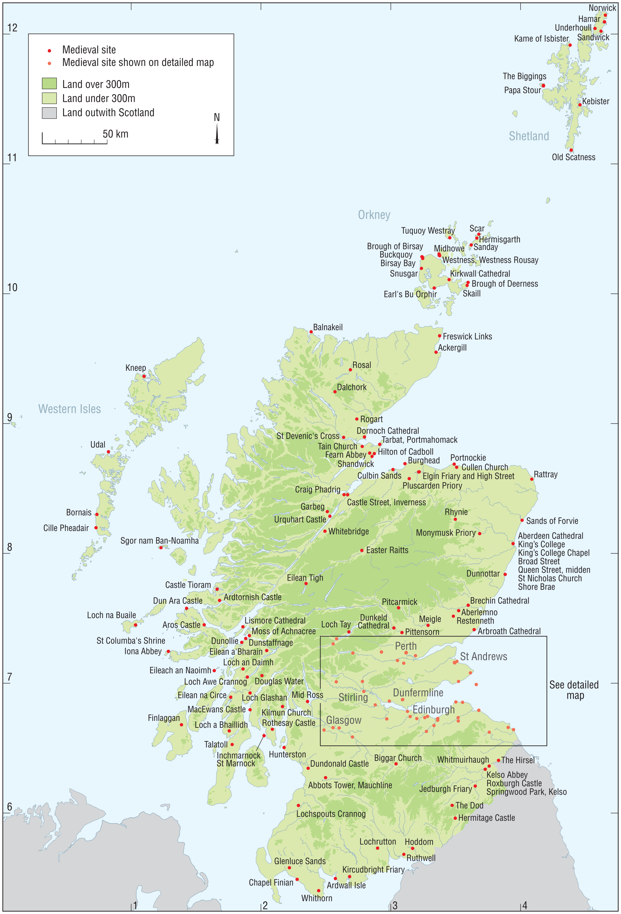 A map of scotland showing the distribution of Medieval sites