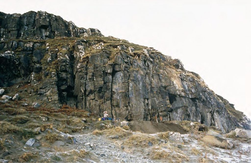 Photograph of a cliff side, taken from a horizontal angle from the beach below. The sky is overcast and appears white. The cliff is rugged and slopes down toward the east of the image. The cliff is grey rock, with green moss concentrated on top. 
