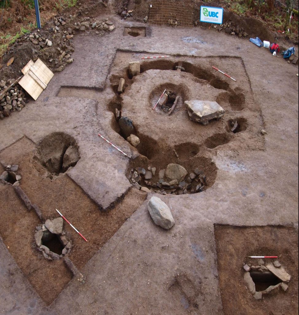 Overhead photo of the holes from the timber and stone circles, as well as several cist burials.