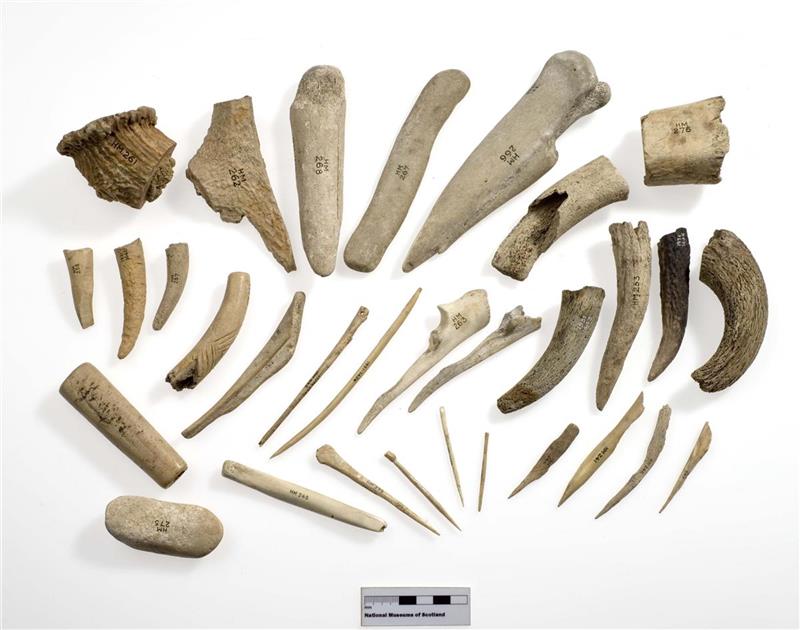 An array of various bone and antler implements. 
