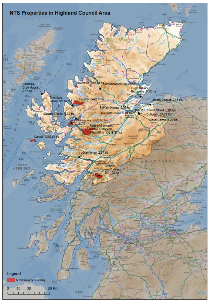 Map of Scotland with the Highlands highlighted and NTS sites marked and with their sizes stated.