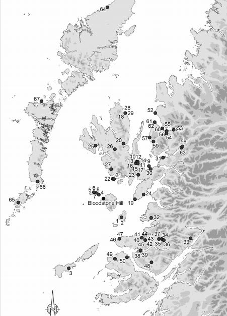 A greyscale map with black dots showing the distribution of bloodstone lithics found in the Western Highlands
