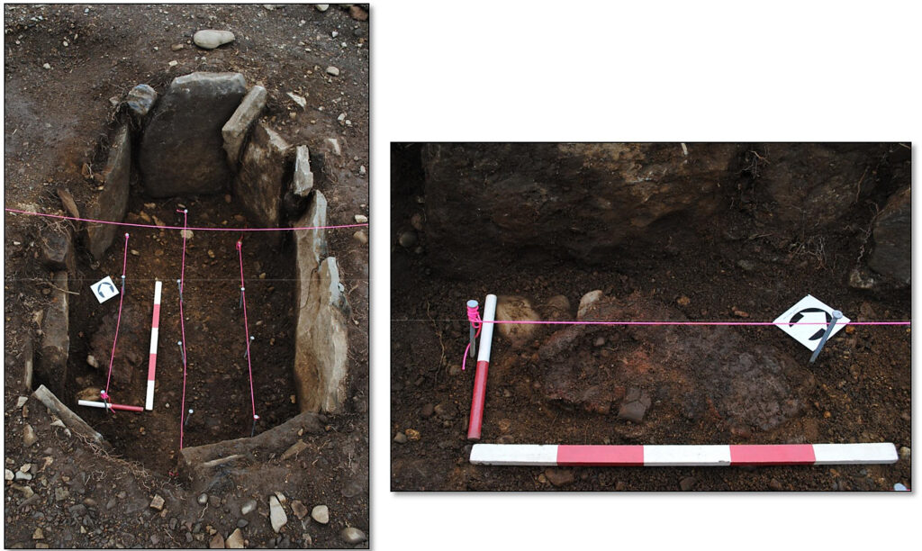 Two pictures, one of a stone lined pit and the other of a pit with broken pottery at the bottom of it.