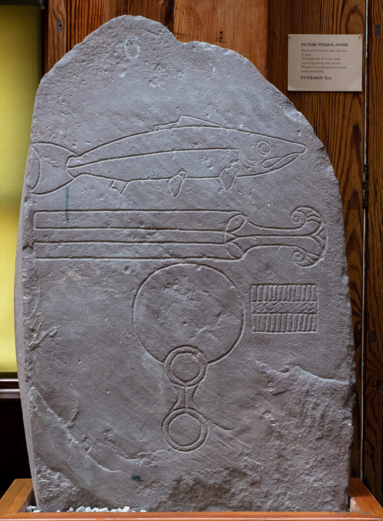 Image of an arc shaped symbol stone made of medium-grey stone. The edges of the stone are chipped and scratched all the way around. From the top, the stone has three separate symbols. First, a carving of a salmon, with a detailed face, facing towards the right. In the centre is a bat-like symbol, with a long parallel shaft and a crescent shaped handle. Finally, A large mirror symbol is carved in the bottom-centre of the stone, and to its right is a double-sided comb symbol. The stone is mounted in front of a wooden panelled wall. 