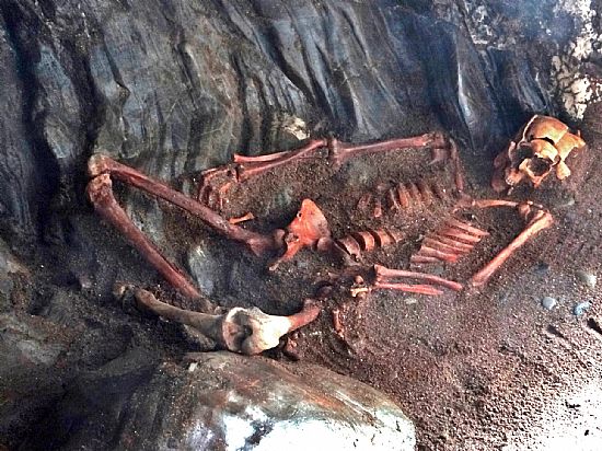 Photograph of a skeleton found in-situ. The bones are red, against the dark brown and black soil. The skeleton is placed lying on its side against the cave wall, with its legs bent as if they were crossed. The skull is seen towards the right of the image, and appears to have been crushed. 