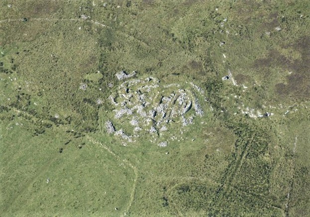 Aerial view of Wag of Forse. Looks like large stones scattered in a field.