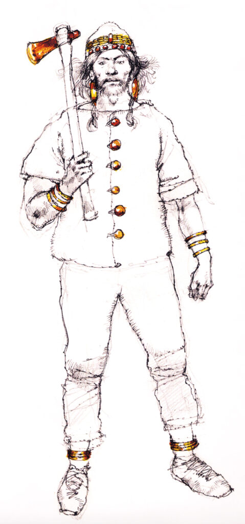 Drawing of a man wearing the artefacts from the Migdale hoard and carrying one of the axes.