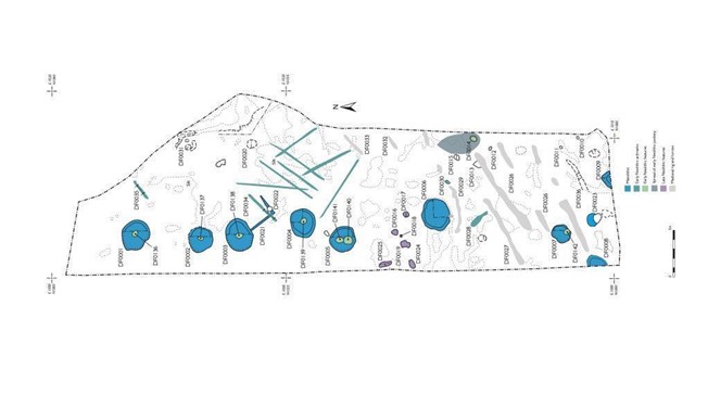 Digitally illustrated plan of excavation trench, with features highlighted using blue, green and purple infilling. 