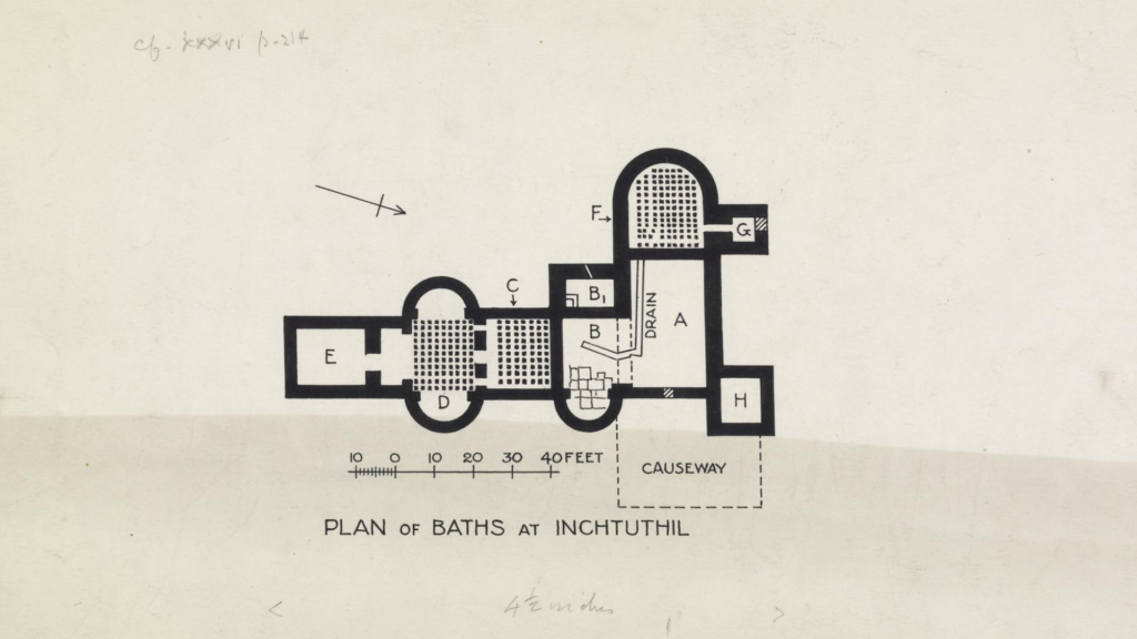 Digital plan of a bathhouse, which is an L-shaped structure with outwardly curving walls in some places and eight separate areas or rooms within the building. 