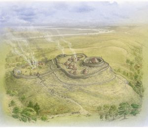 Coloured landscape drawing of a complex fort with low enclosure walls shaped like two conjoined ovals, with smoke arising from buildings inside its walls. A large circular structure can be seen inside the fort, with round building inside it, and smaller buildings surround this large building. 