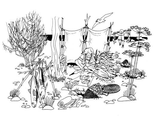 Sketch drawing of a settlement, with a woman holding a bird over her lap in the centre and another person carrying produce over their shoulders. The area has plants, trees, a hanging pelt and fire. There are fish hanging from a stand made from sticks, and evidence of lithic and rope nearby. 