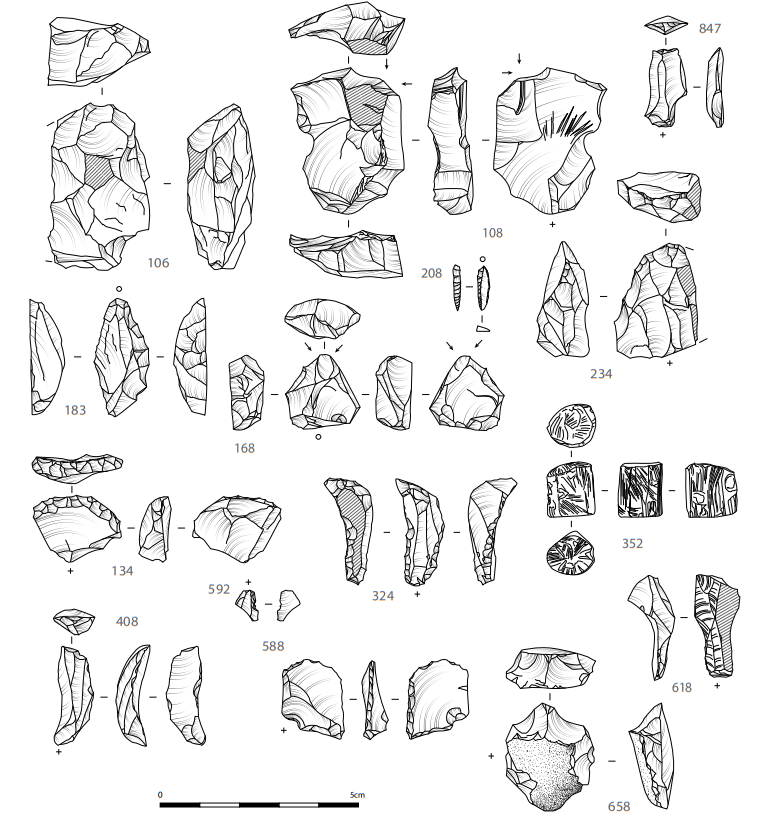 Line drawing of multiple flint blades and lithics, each drawn from four different angle. They vary in shape and size, with the larger pieces at the top. 