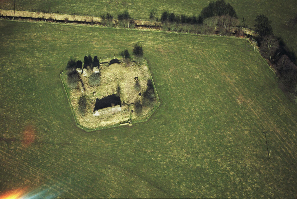 Aerial image of farmland with a square, raised area with trees and structural remains visible. It is fenced off from animals and the ground in the square is brown, compared to the green grass of the surrounding landscape. 