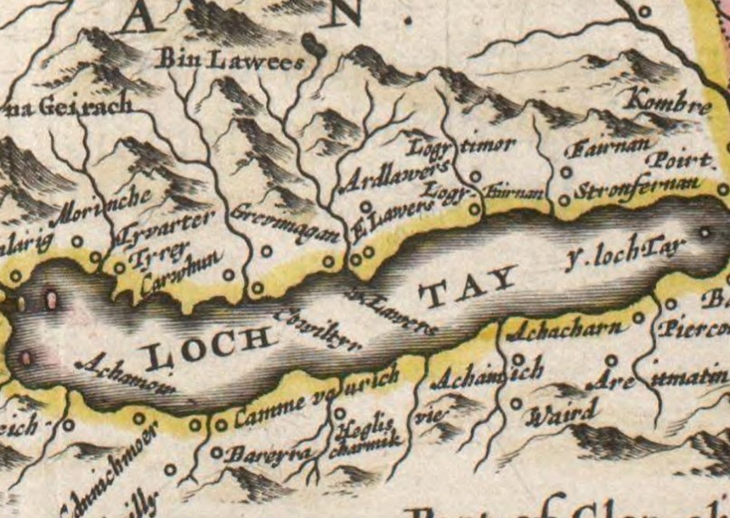 Antique map painted in black lines with yellow accents. The image centres on loch Tay, which is placed horizontally across the map and has many labels for streams, hills and areas. 
