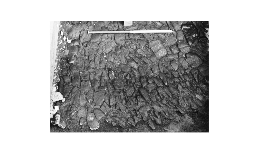 Black and white image of cobbled stones being excavated. They are irregular and placed seemingly randomly, but packed together tightly. 
