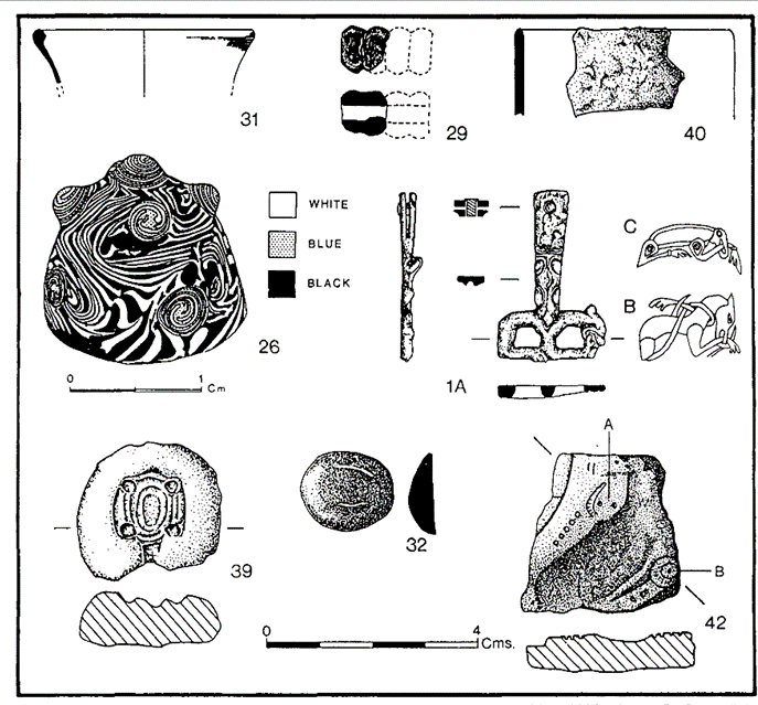 Hand drawn sketches of nine different artefacts in black and white. Each piece, presented in three rows of three, is drawn from different angles. 