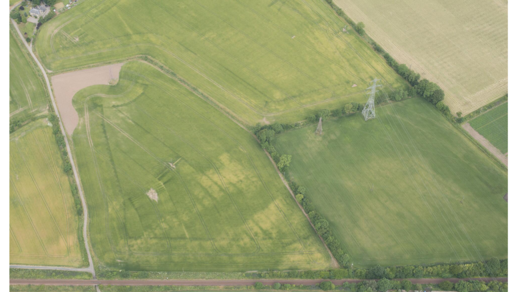 Aerial image of farmland with cropmarks in white showing long rows of rig and furrow farming in the medieval period. 