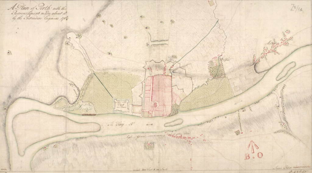 Antique drawing of Perth with faded green and pink watercolour and line drawings of the roads, land and buildings. 