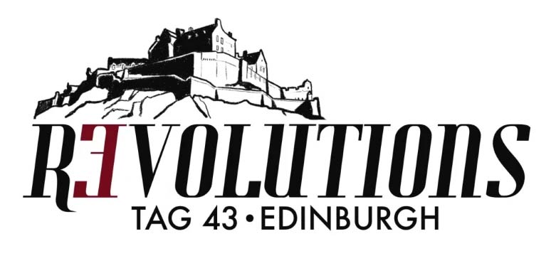 The logo for TAG Edinburgh 2022 with text saying the word Revolutions and with a line drawing of Edinburgh Castle above.
