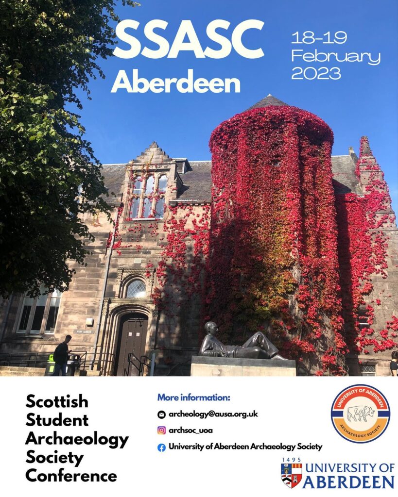 Event poster for a student conference featuring an image of the venue at New King's, Aberdeen, a gothic building covered in red vines. 