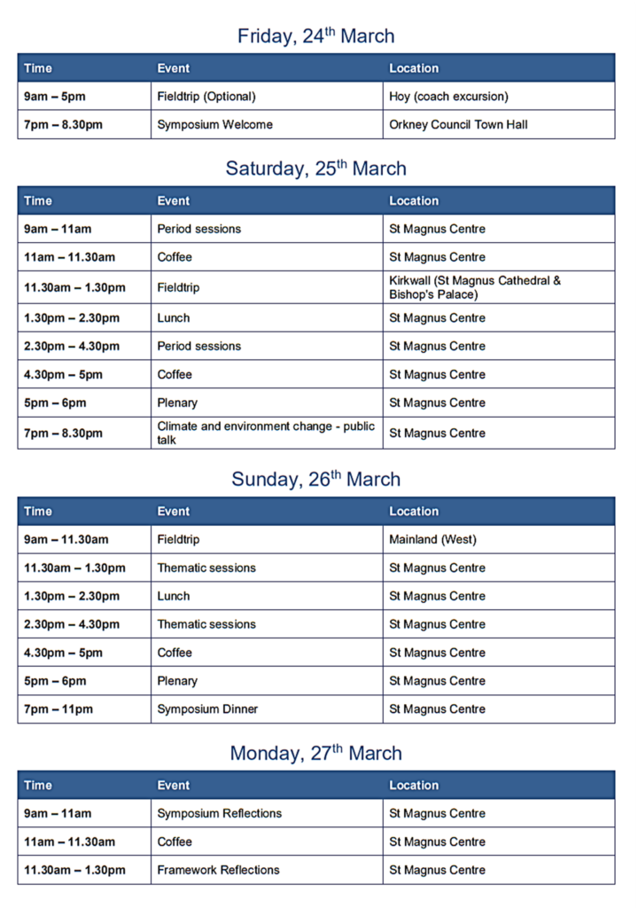 Graphic of a daily timetable for the symposium showing events from the 24th to 27th March