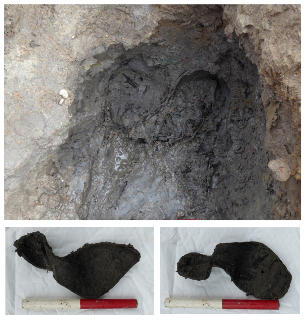 Top: excavation image of two leather shoes in situ in a grave. Bottom: the two shoes in separate images, lying on white packing material. They are dark brown and covered in dirt. 