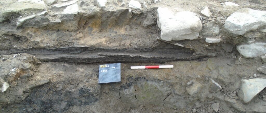 Excavation photo of a narrow, wooden trough in situ. The trough is held in place with earth and large stones, running horizontally across the trench. 