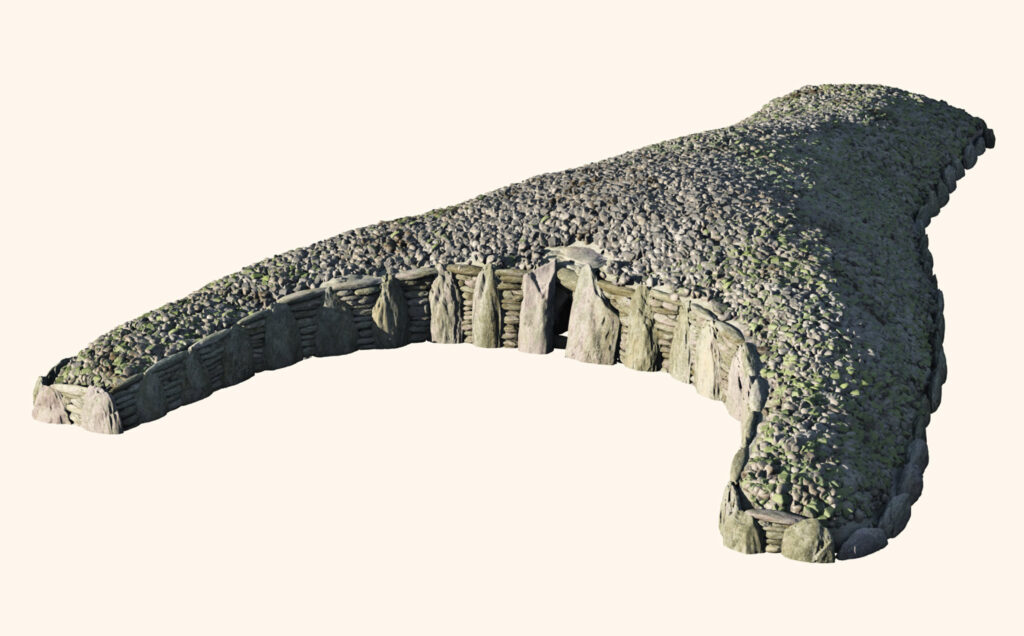 Reconstruction of a wishbone shaped monument, with small stones covering the top and lined with small, horizontal stones all around the edge. Larger, upright slabs line the monument with regular gaps between them 