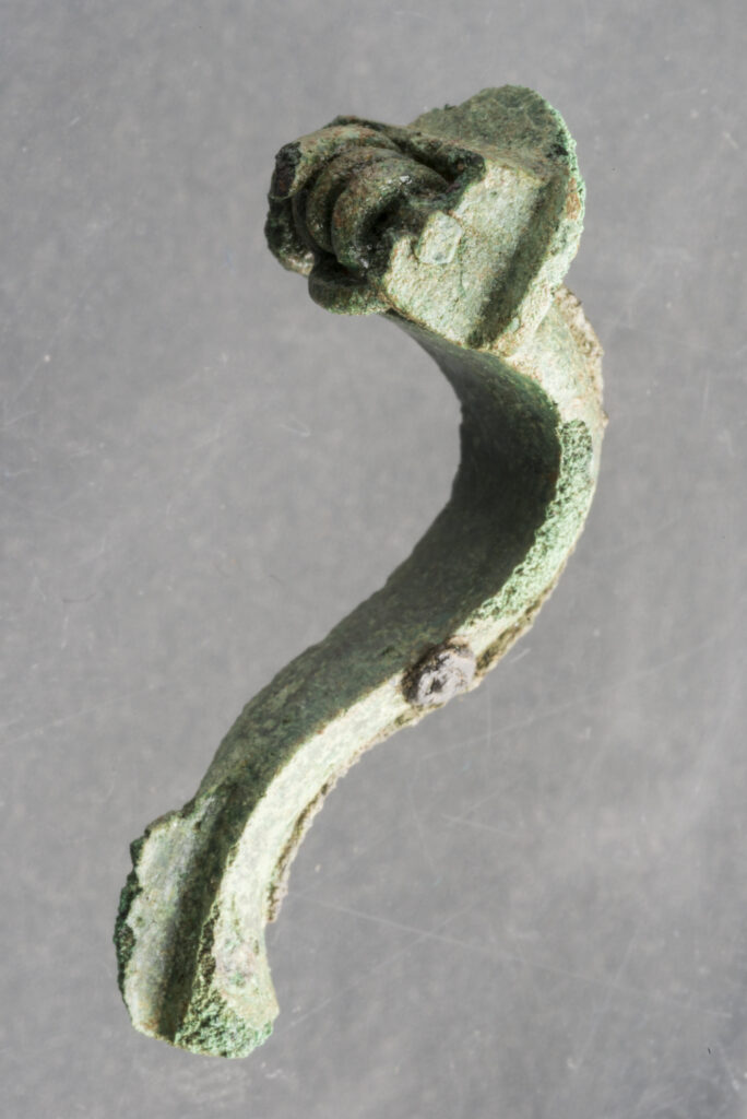 Close up of a rusted metal shaped like a seahorse. The metal is brown and green from corrosion. 