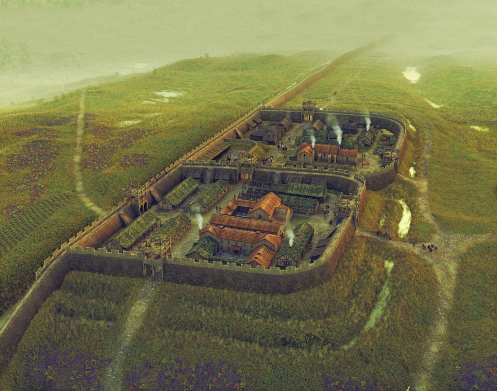 Oblique aerial digital image of a fort built in two separate rectangles against the antonine wall. Small, long buildings are inside both fort structures, with tiled roofs and smoke coming from chimneys. 